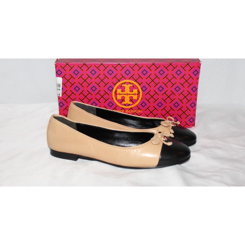 TORY BURCH WOMEN'S CAP TOE QUILTED GOAT LEATHER BALLET FLATS GINGER/BLACK 6.5